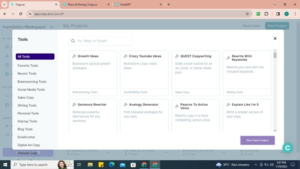 copy ai brainstorming tool