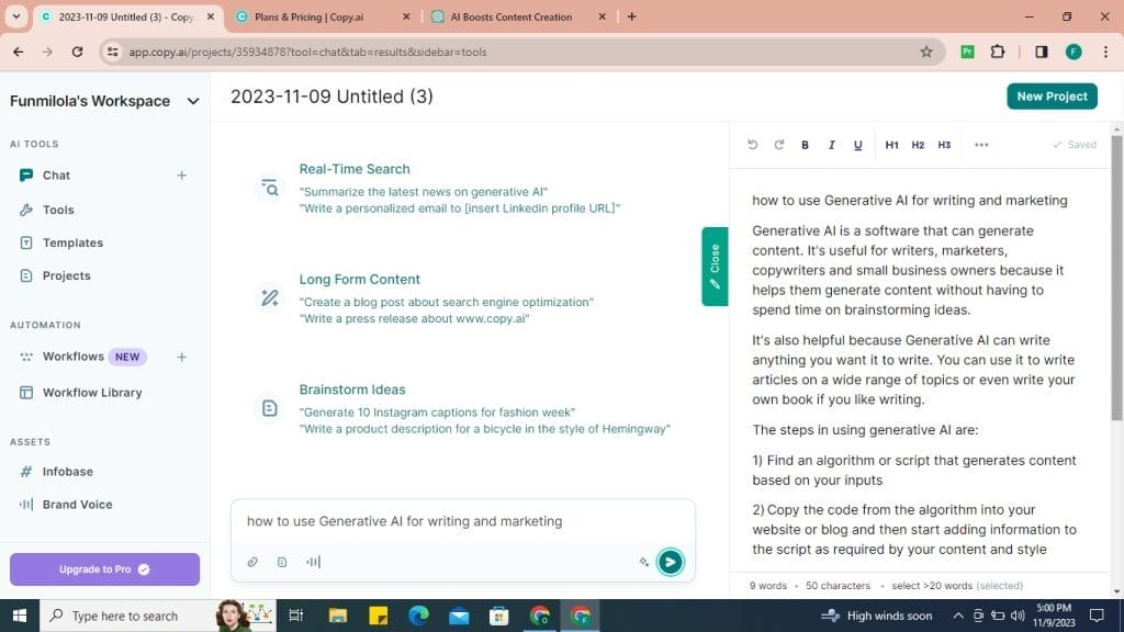 copy ai chat feature