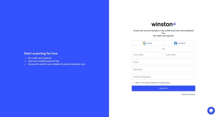 Screenshot of registration page