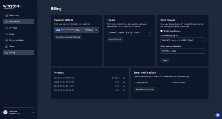 APi billing page