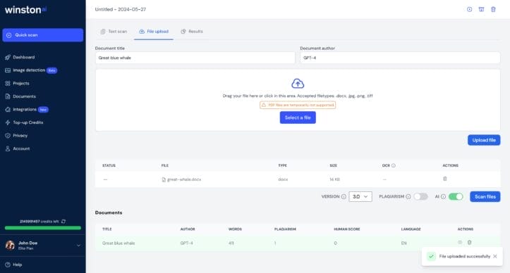 Screenshot of upload file feature of Winston AI