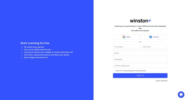 Screenshot of Winston AI registration page