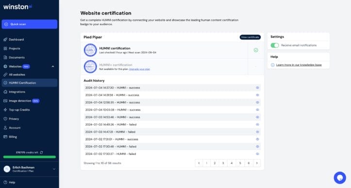 Screenshot of HUMN-1 certification dashboard