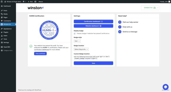 HUMN-1 wordpress plugin dashboard