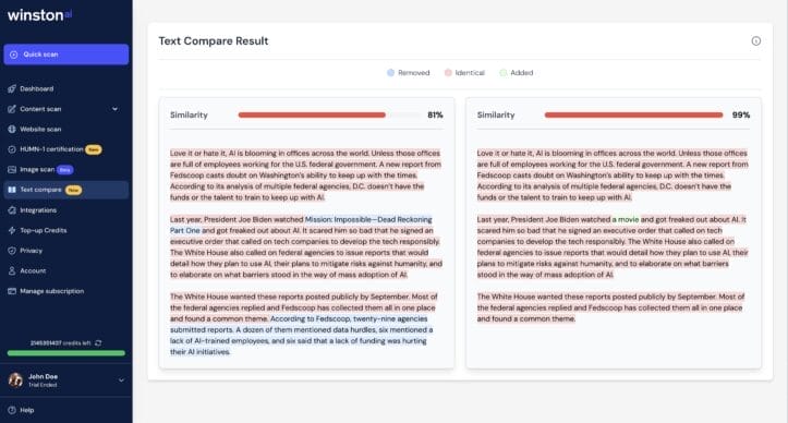 Screenshot of Text compare feature in Winston AI app