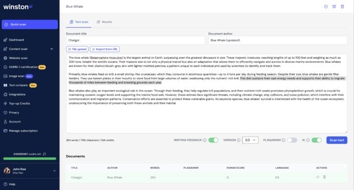 Screenshot of Winston AI's writing feedback tool with text editing