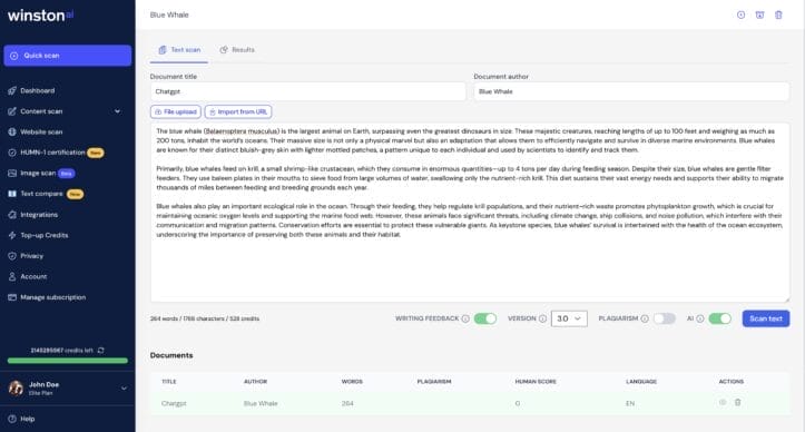 Screenshot of writing feedback tool in Winston AI