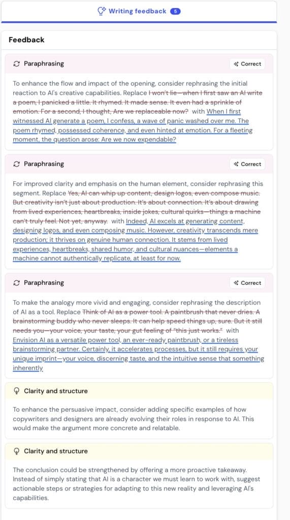 demonstração de feedback de escrita