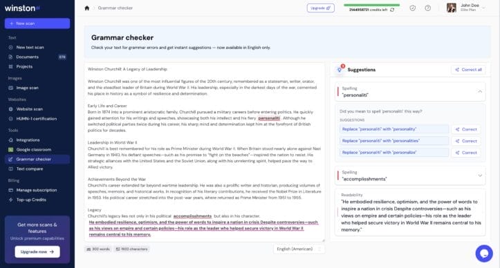 Screenshot of the Winston AI grammar checker with grammar errors