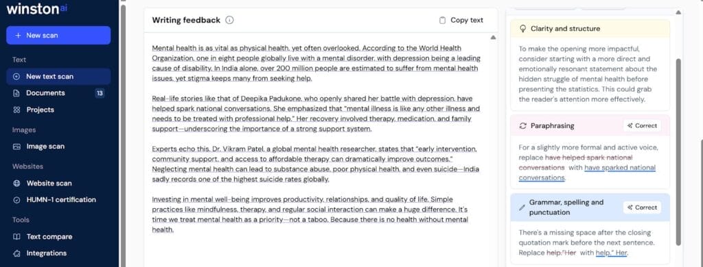 winston ai schreibt Feedback