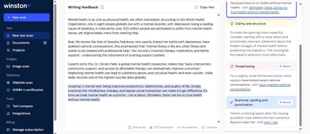 writing feedback results