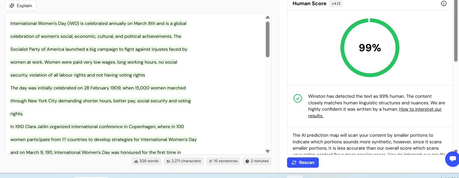 Winston AI scan results showing 99% human score for a verified human-written text sample