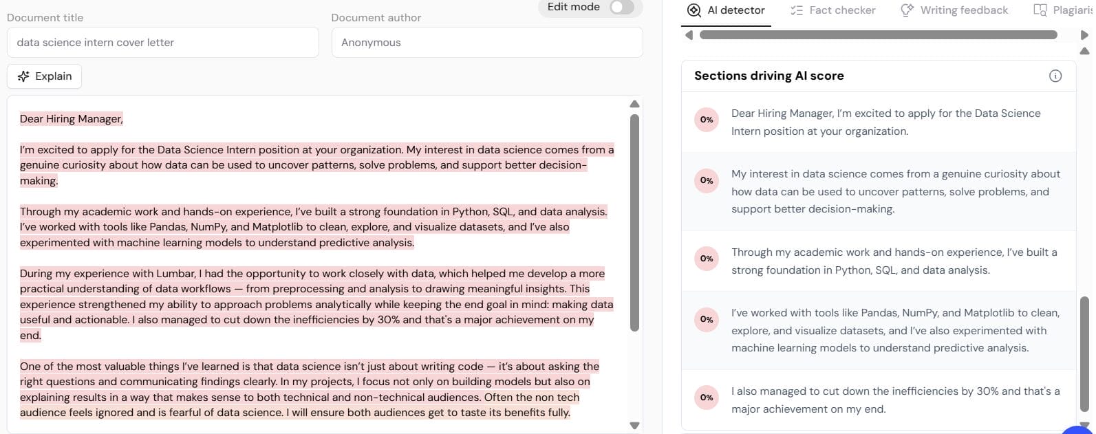 Winston AI analyzing an AI-generated cover letter with sentence-level detection highlights