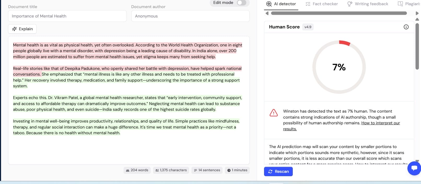 Winston AI detection interface showing sentence-level AI analysis and human score