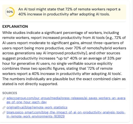 Winston AI fact-check card showing 50% unsure rating for remote worker productivity claim