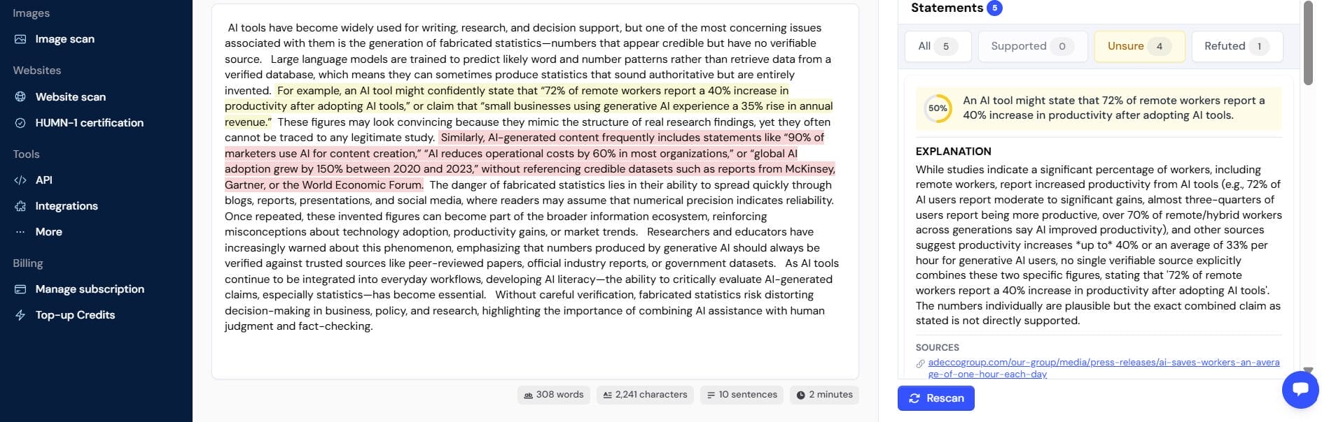 Winston AI fact-checker interface showing 5 statements analyzed with yellow highlights on unsure claims