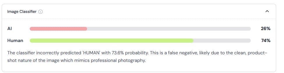 Winston AI image classifier result - AI 26% Human 74%