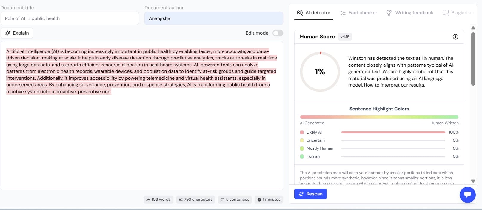 Winston AI detector showing 1% human score on AI-generated content