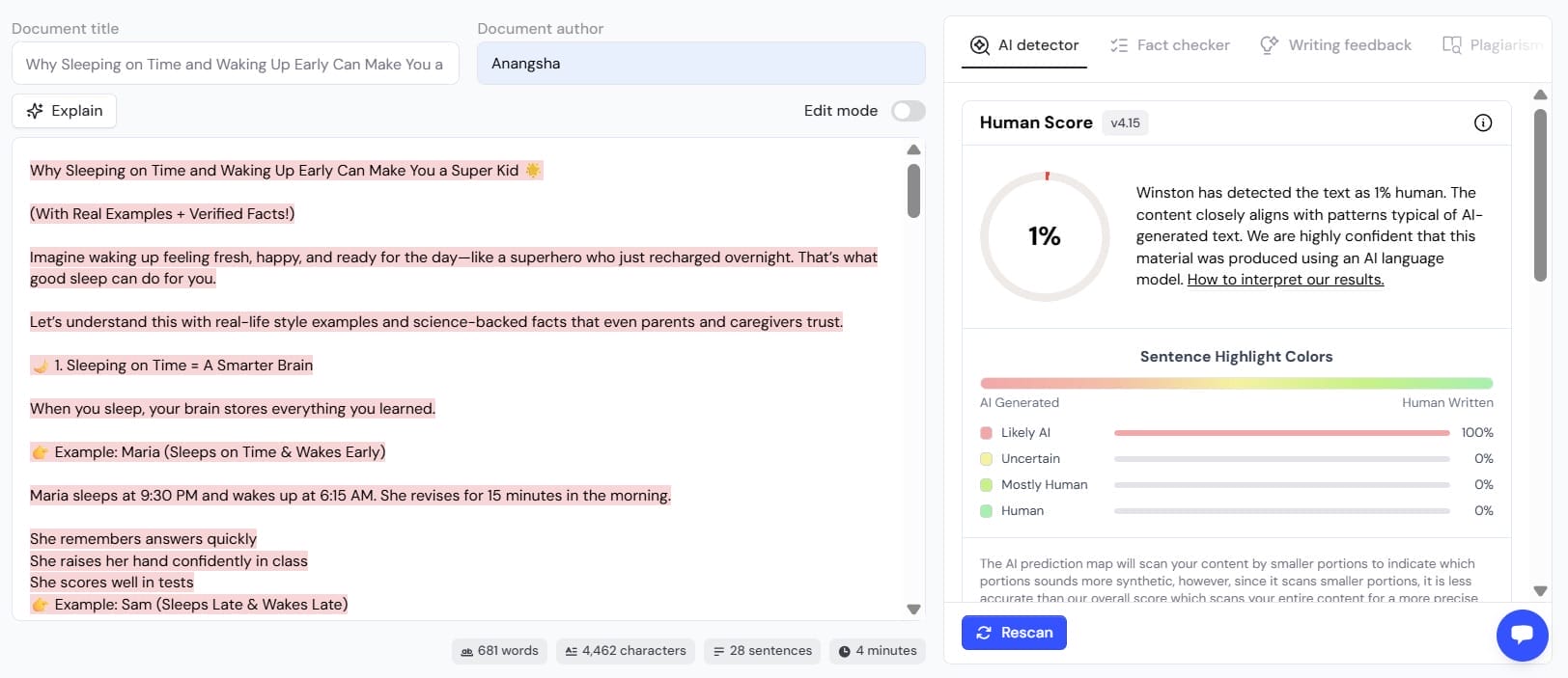 Winston AI AI detector showing 1% human score on second test article