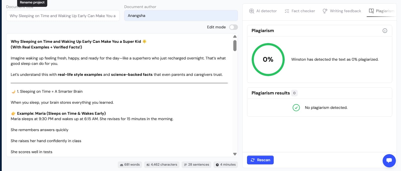 Winston AI plagiarism check showing 0% for AI-generated article