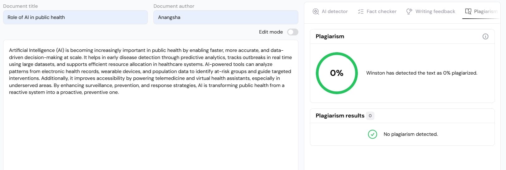 Winston AI plagiarism checker showing 0% plagiarism score